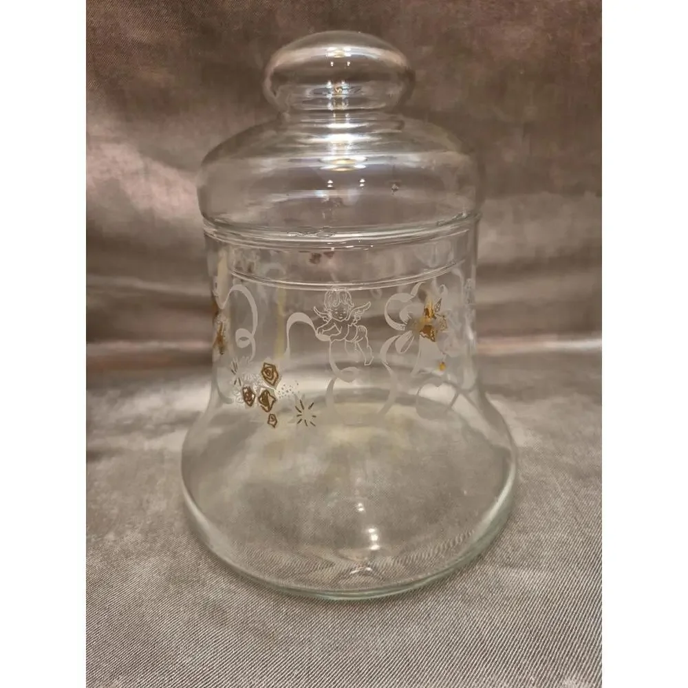 VTG Xmas Glass Bell Shaped Lidded Candy Dish Ribbons Roses Gold Bells Cherubs 7”